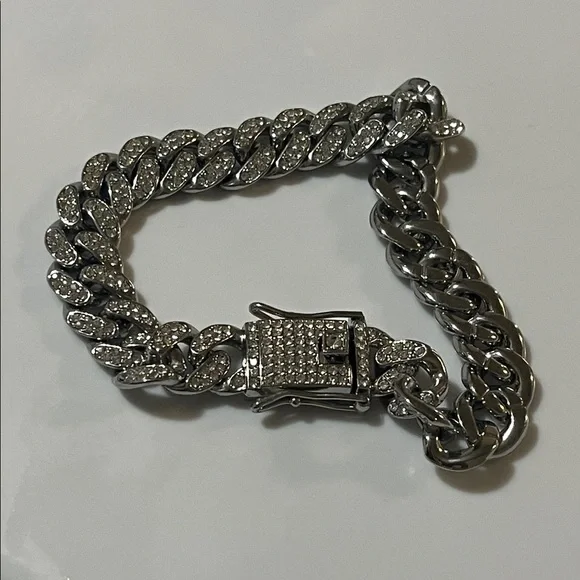 Silver-tone Men’s Chain Bracelet with Rhinestones - Picture 4 of 9